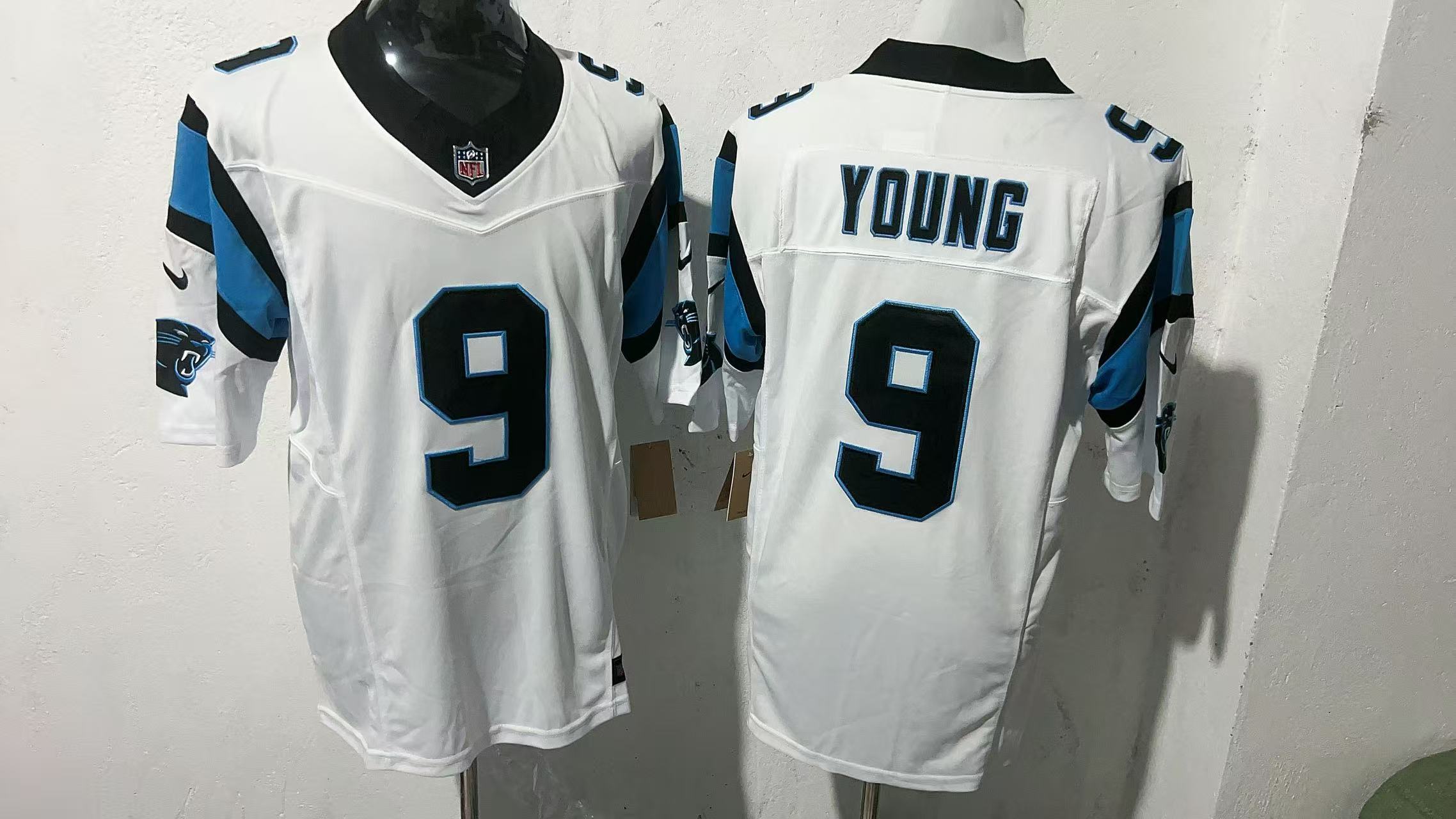 Bryce Young #9 Carolina Panthers White Away Jersey — supplier front and back