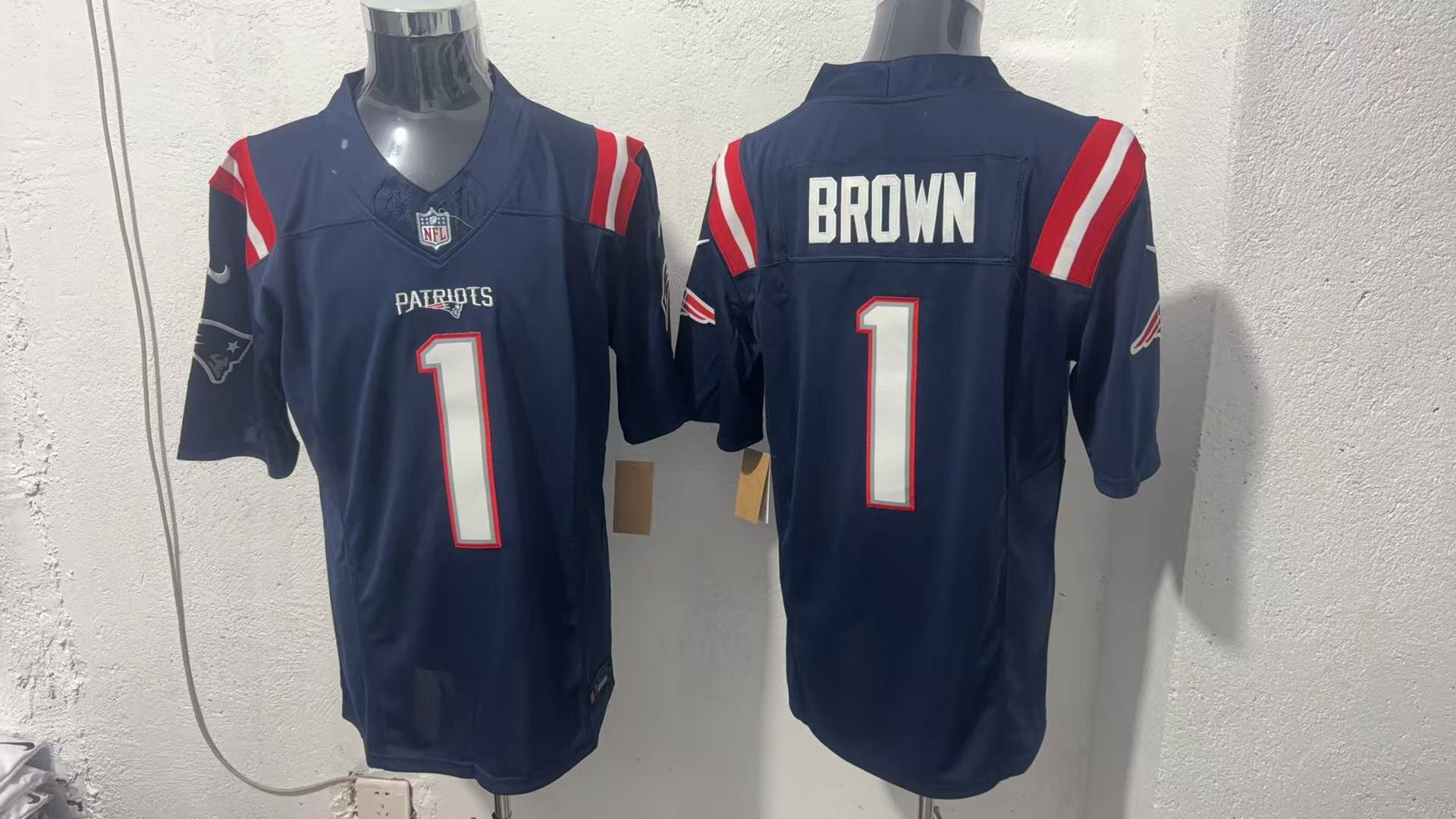 A.J. Brown #1 New England Patriots Navy Home Jersey — supplier front and back
