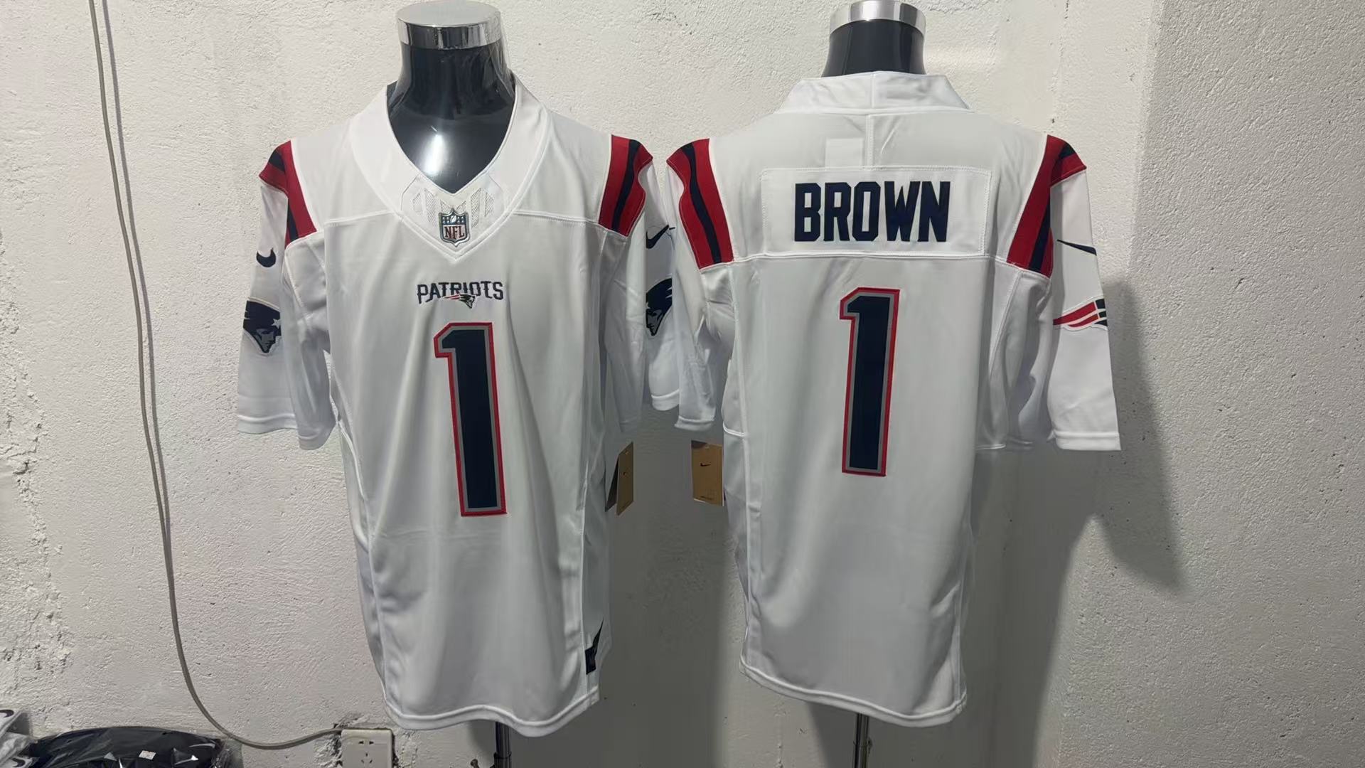 A.J. Brown #1 New England Patriots White Away Jersey — supplier front and back