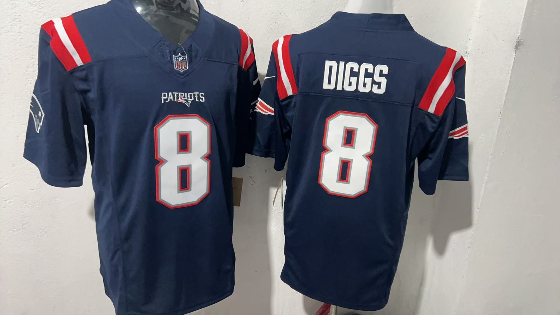 Stefon Diggs #8 New England Patriots Navy Home Jersey — supplier front and back