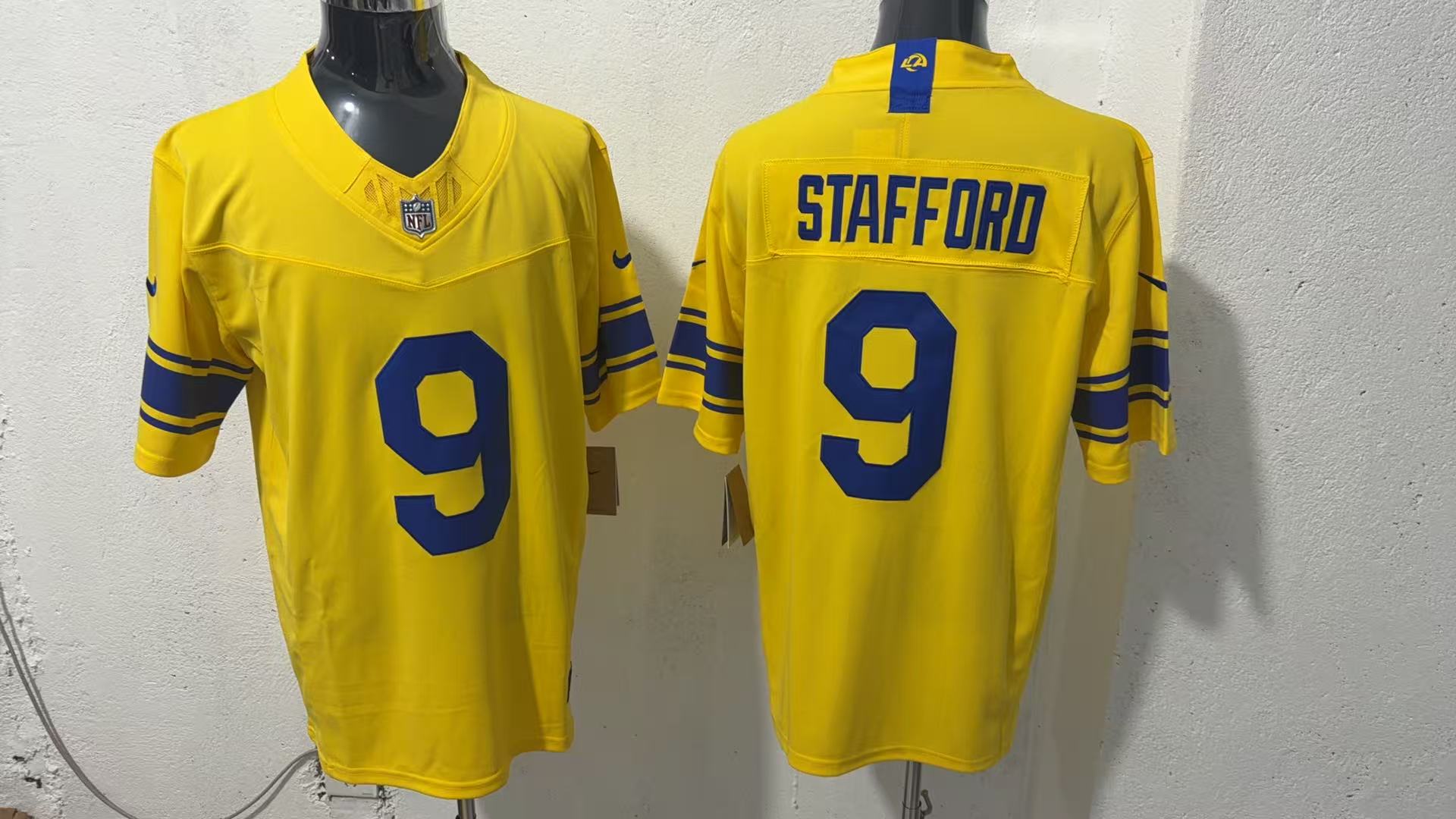 Matthew Stafford #9 Los Angeles Rams Yellow Classic Sol Jersey — supplier front and back
