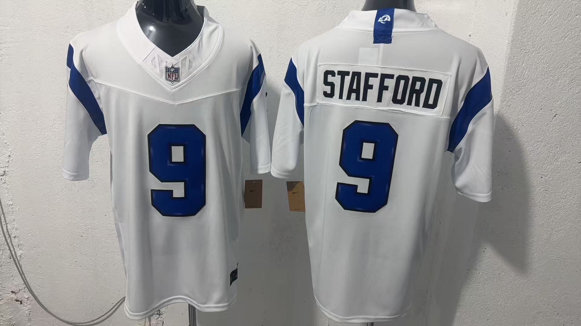 Matthew Stafford #9 Los Angeles Rams Fearsome White Jersey — supplier front and back