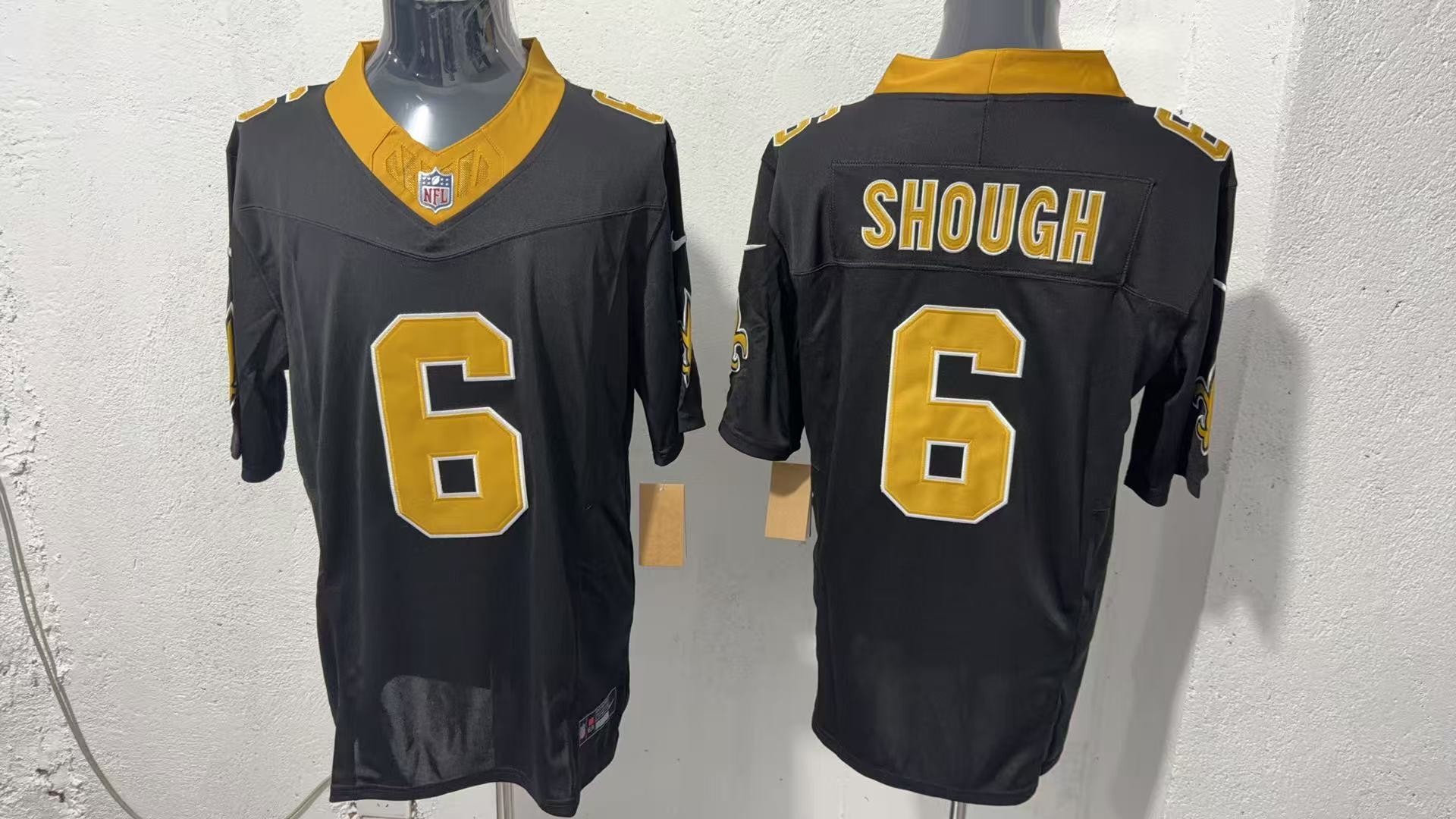 Tyler Shough #6 New Orleans Saints Black Home Jersey — supplier front and back