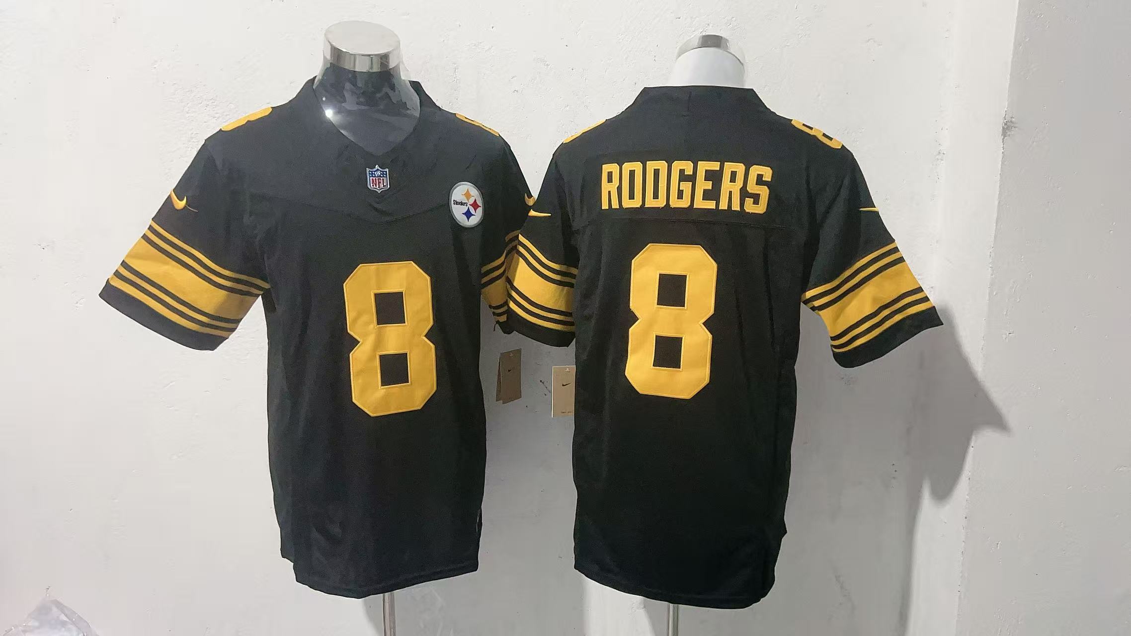 Aaron Rodgers #8 Pittsburgh Steelers Black and Gold Color Rush Jersey — supplier front and back