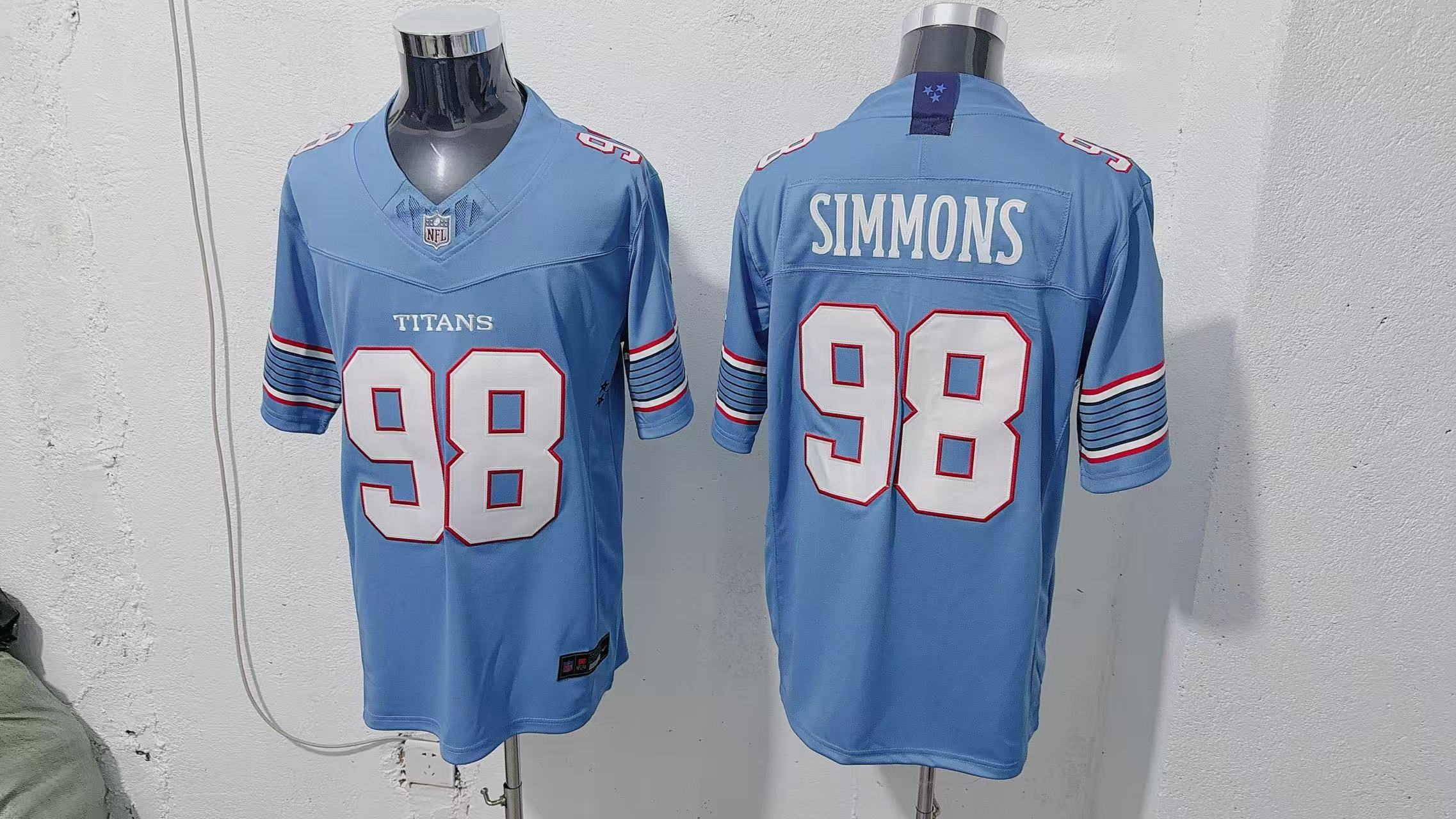 Jeffery Simmons #98 Tennessee Titans Light Blue Team Jersey — supplier front and back