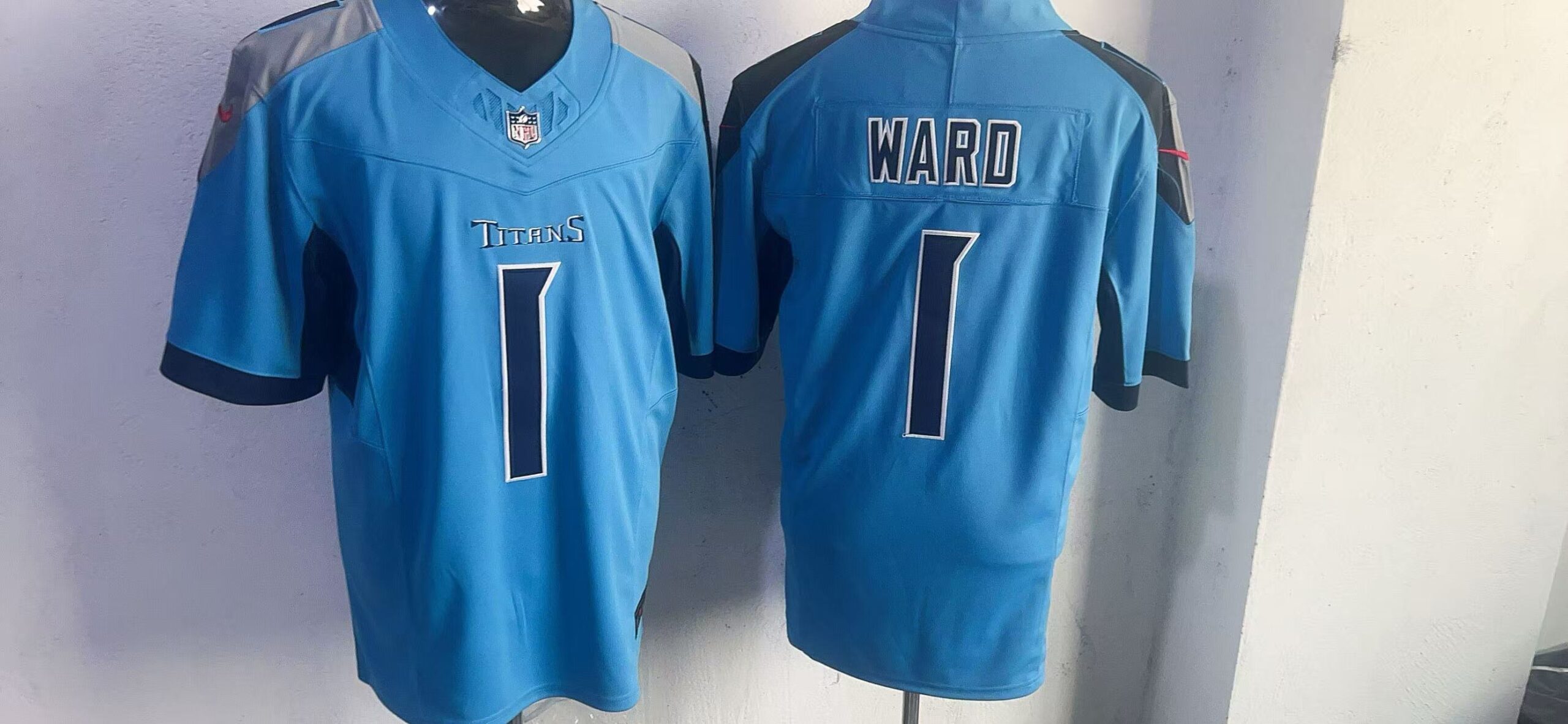 Cam Ward #1 Tennessee Titans Light Blue Previous Design Jersey — supplier front and back