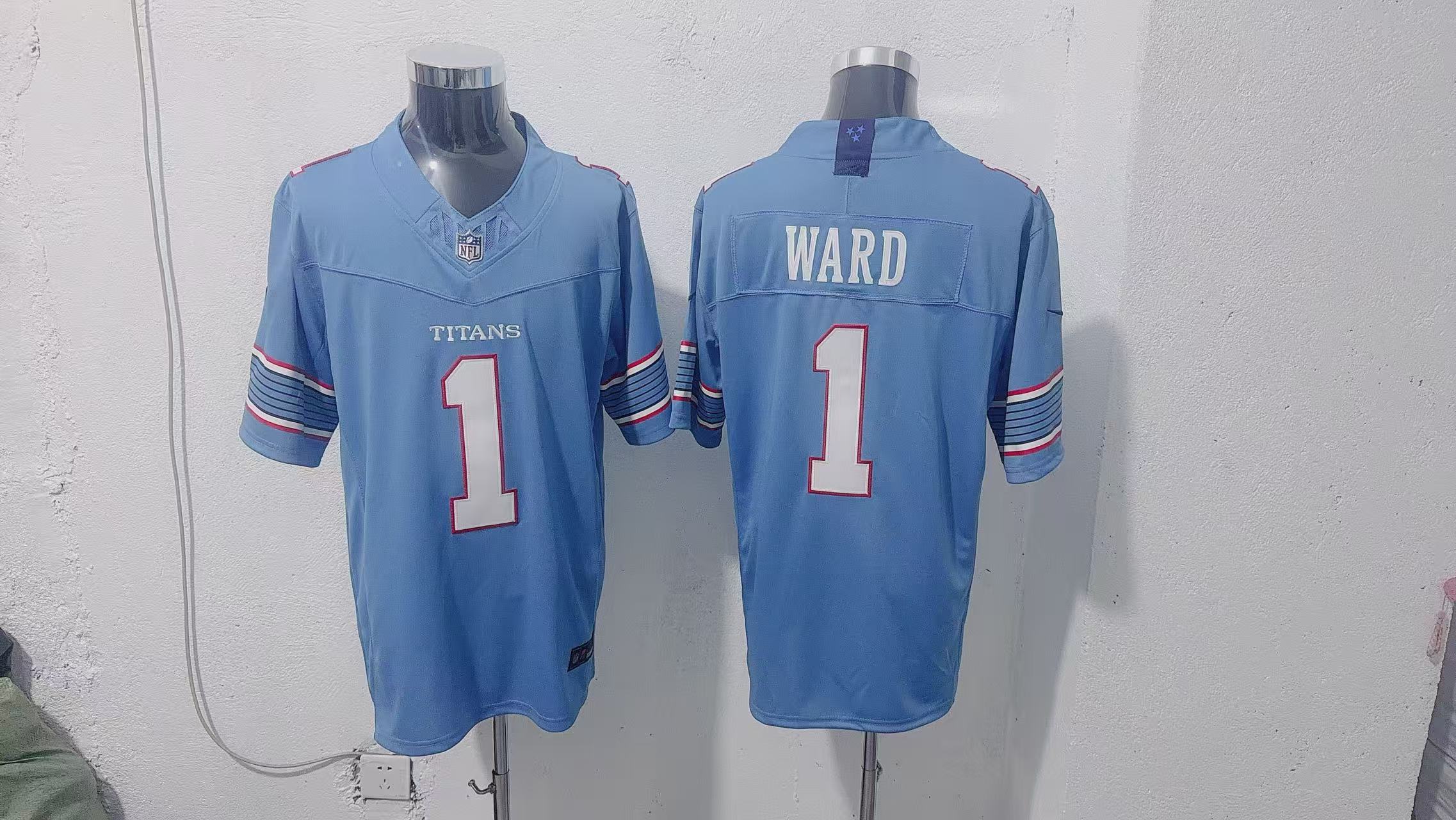 Cam Ward #1 Tennessee Titans Light Blue Team Jersey — supplier front and back