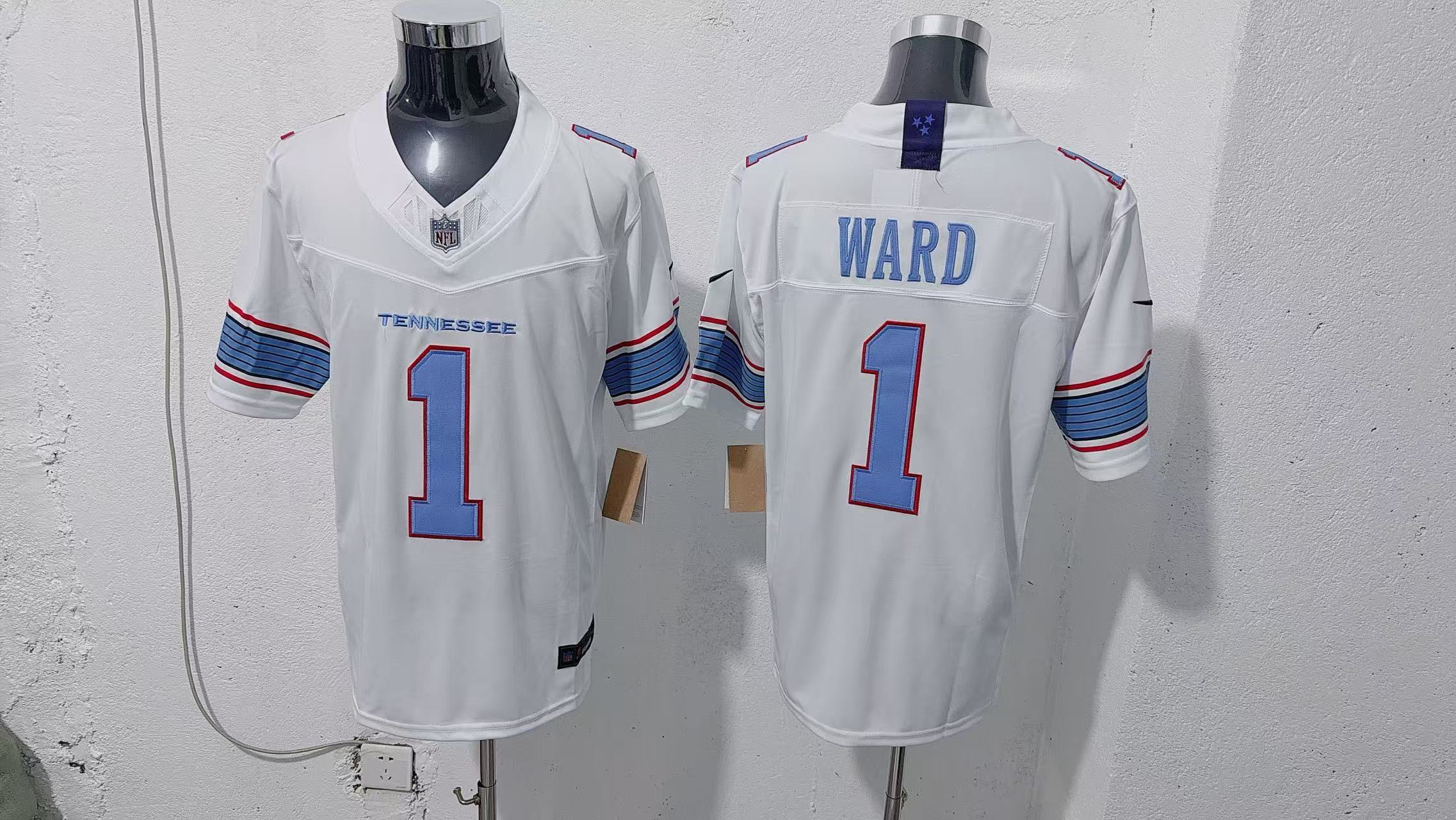 Cam Ward #1 Tennessee Titans White Team Jersey — supplier front and back