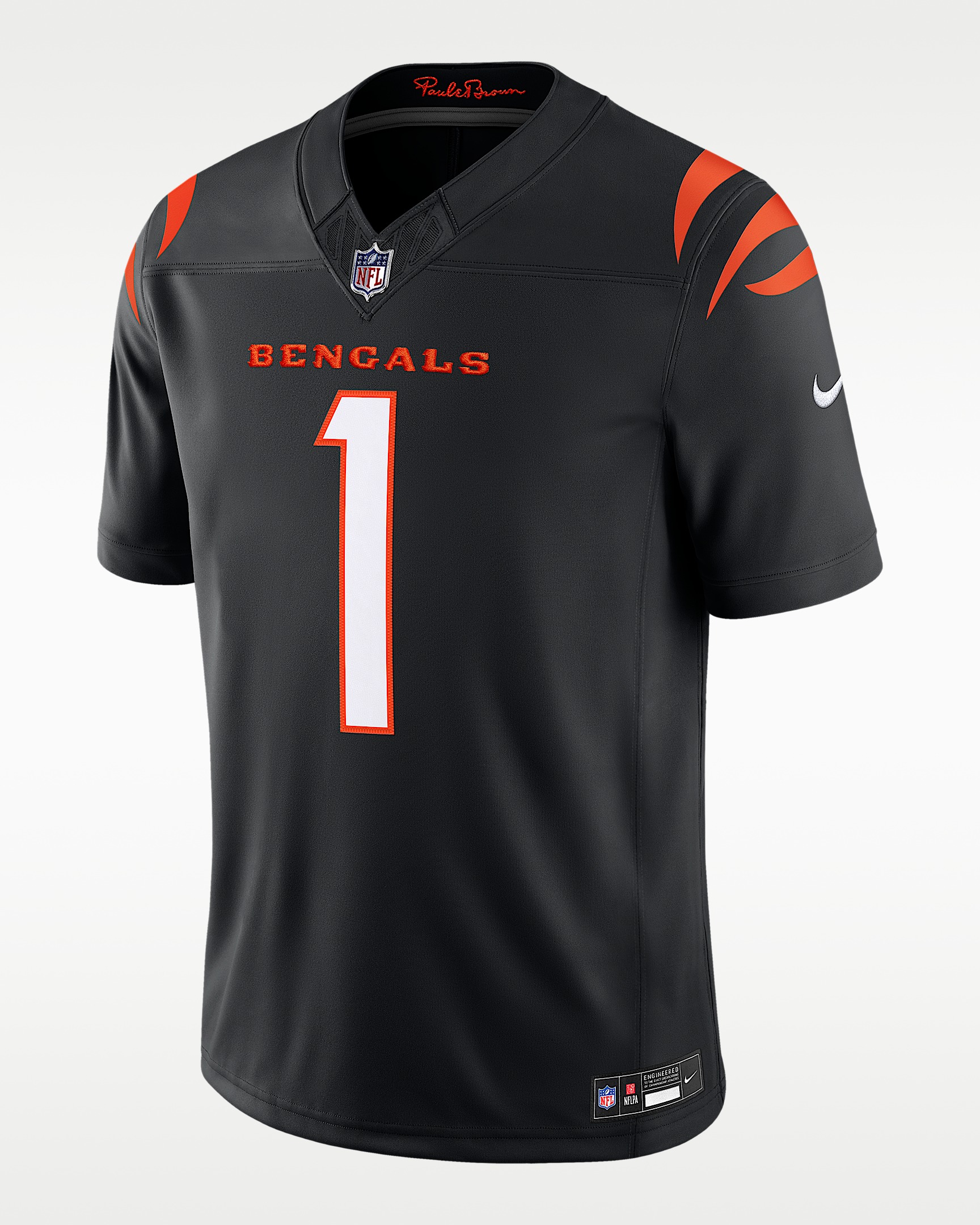 Black Ja’Marr Chase number 1 Cincinnati Bengals jersey, front view with orange shoulder stripes